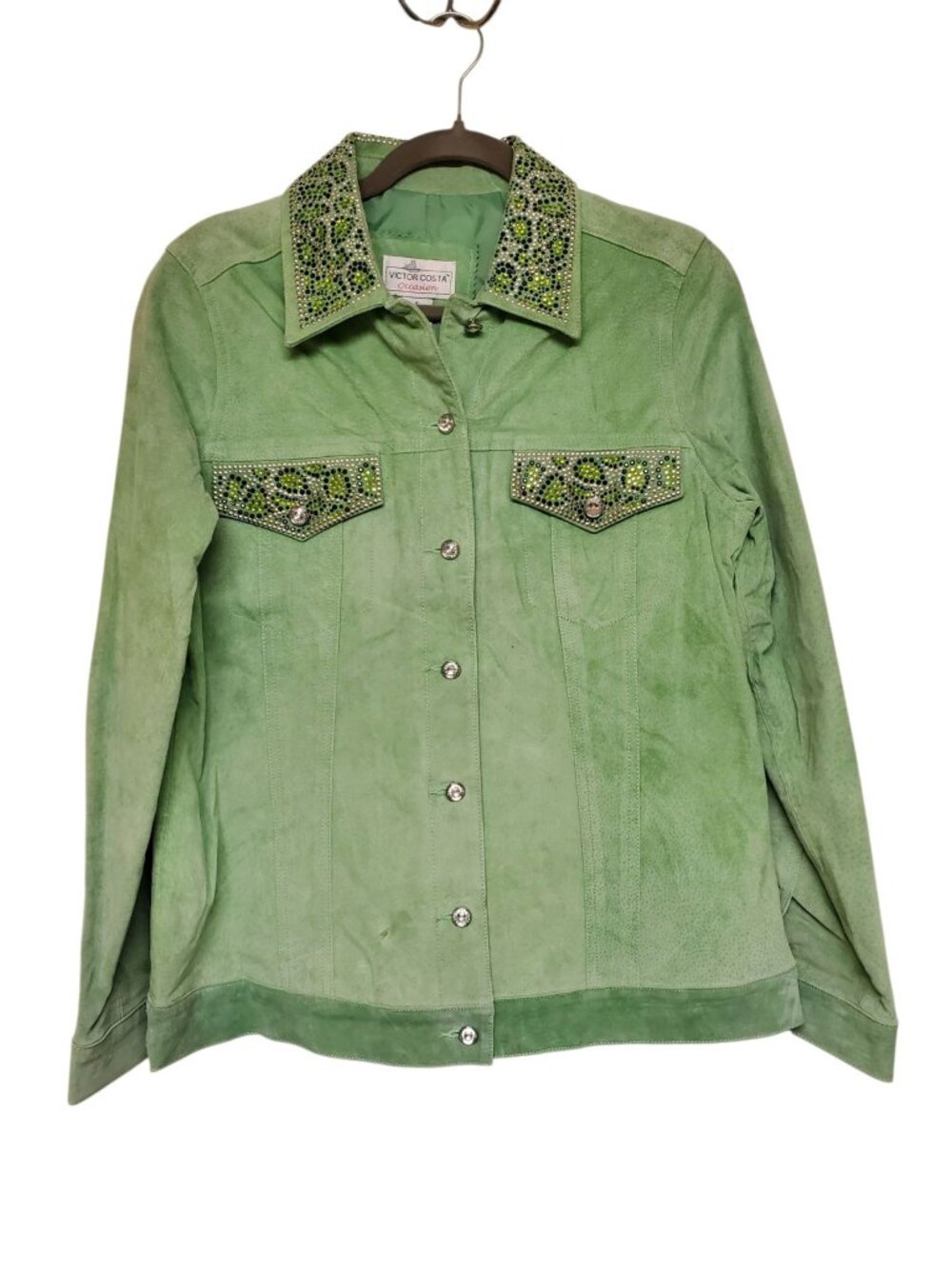 Victor Costa Occasion Womens Vintage Lime Green Bling Bedazzled Leather Jacket S